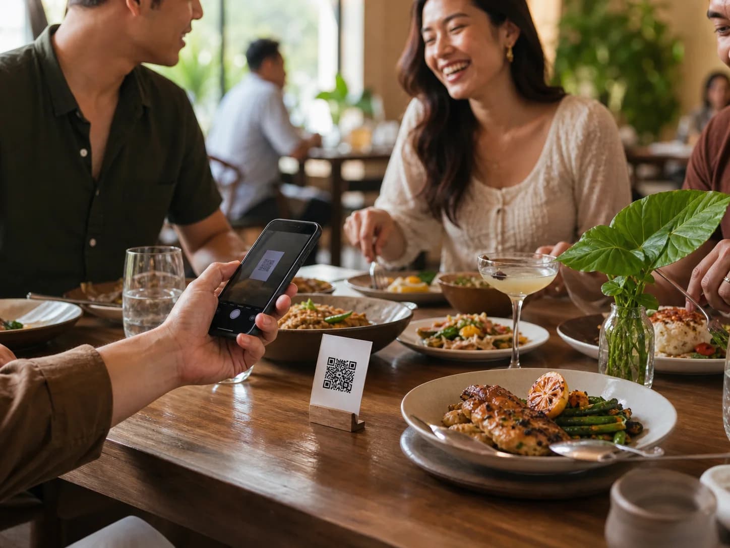 Friends using a table QR code while dining together